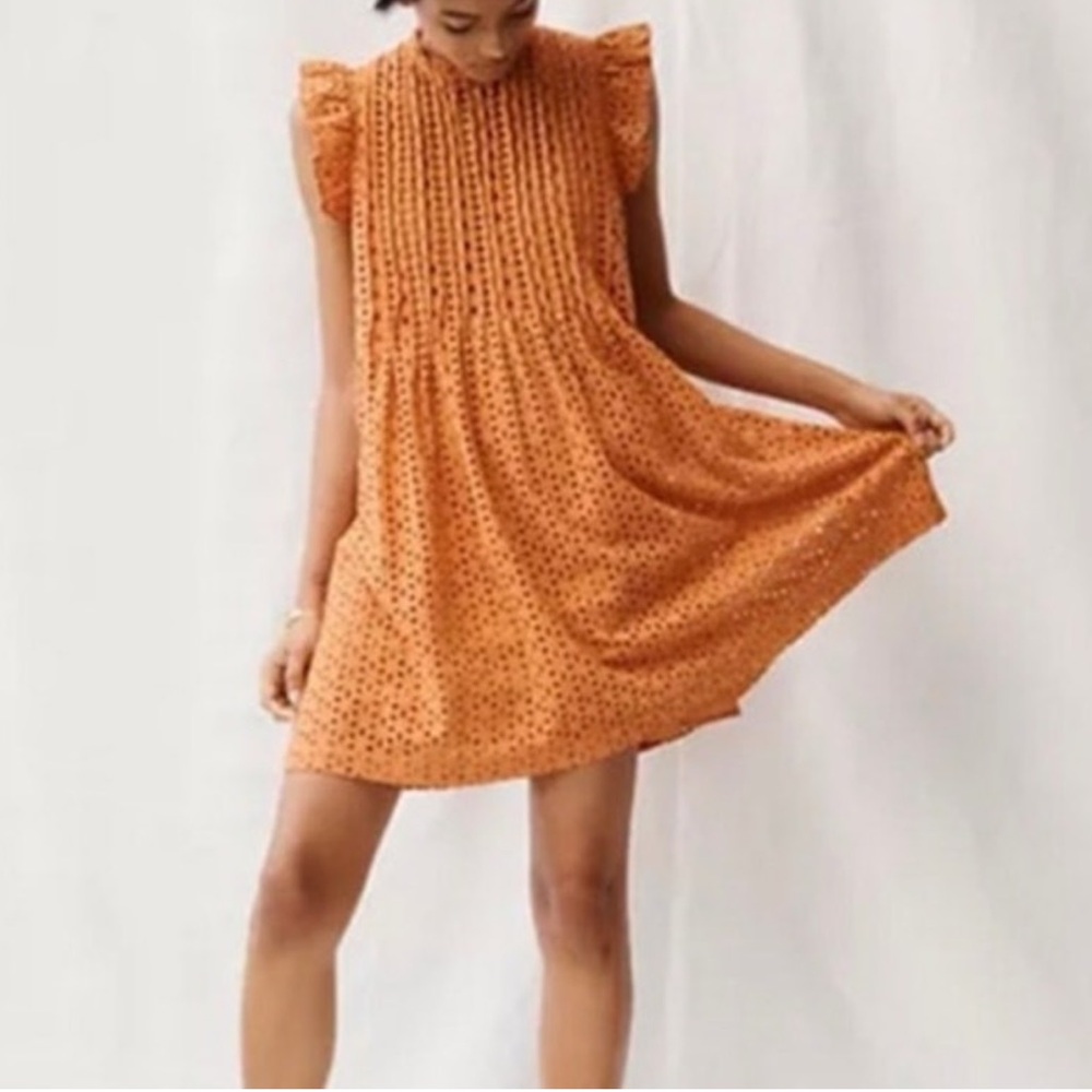 NWT Madewell Eyelet Ruffle-Sleeve Pintuck Mini Dress, size S Mulled Cider